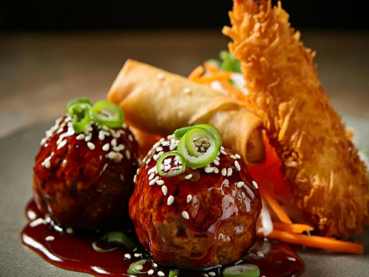 Teriyaki Meatballs, Spring Rolls, Coconut Shrimp with a Sweet Chili Sauce
