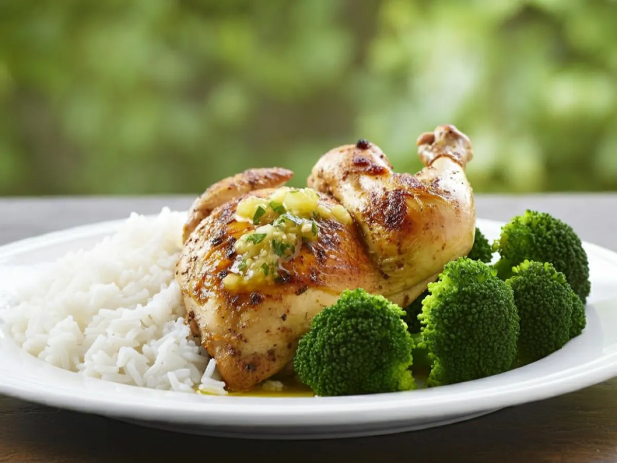 Roasted Lemon and Herb Chicken with Steamed White Rice and Steamed Broccoli with a Citrus Vinaigrette. Roasted Lemon and Herb Chicken with Steamed White Rice and Steamed Broccoli with a Citrus Vinaigrette.