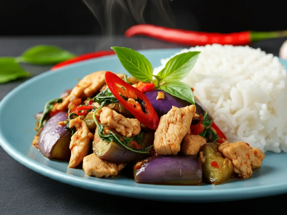Chicken Eggplant Thai Basil with White Rice (Medium Spice) Chicken Eggplant Thai Basil with White Rice (Medium Spice)