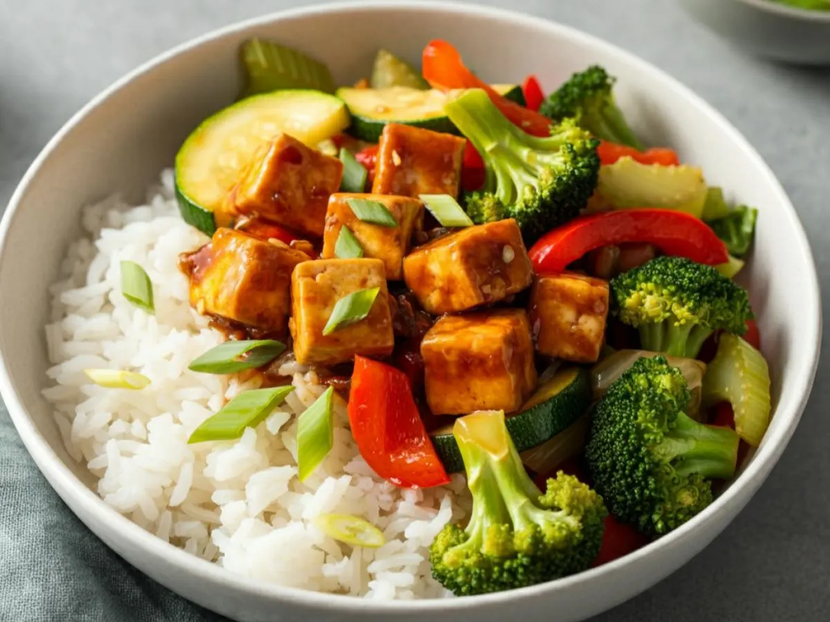 Kung Pao Tofu with Steamed Rice and Mixed Veggies (Jain) [Large]