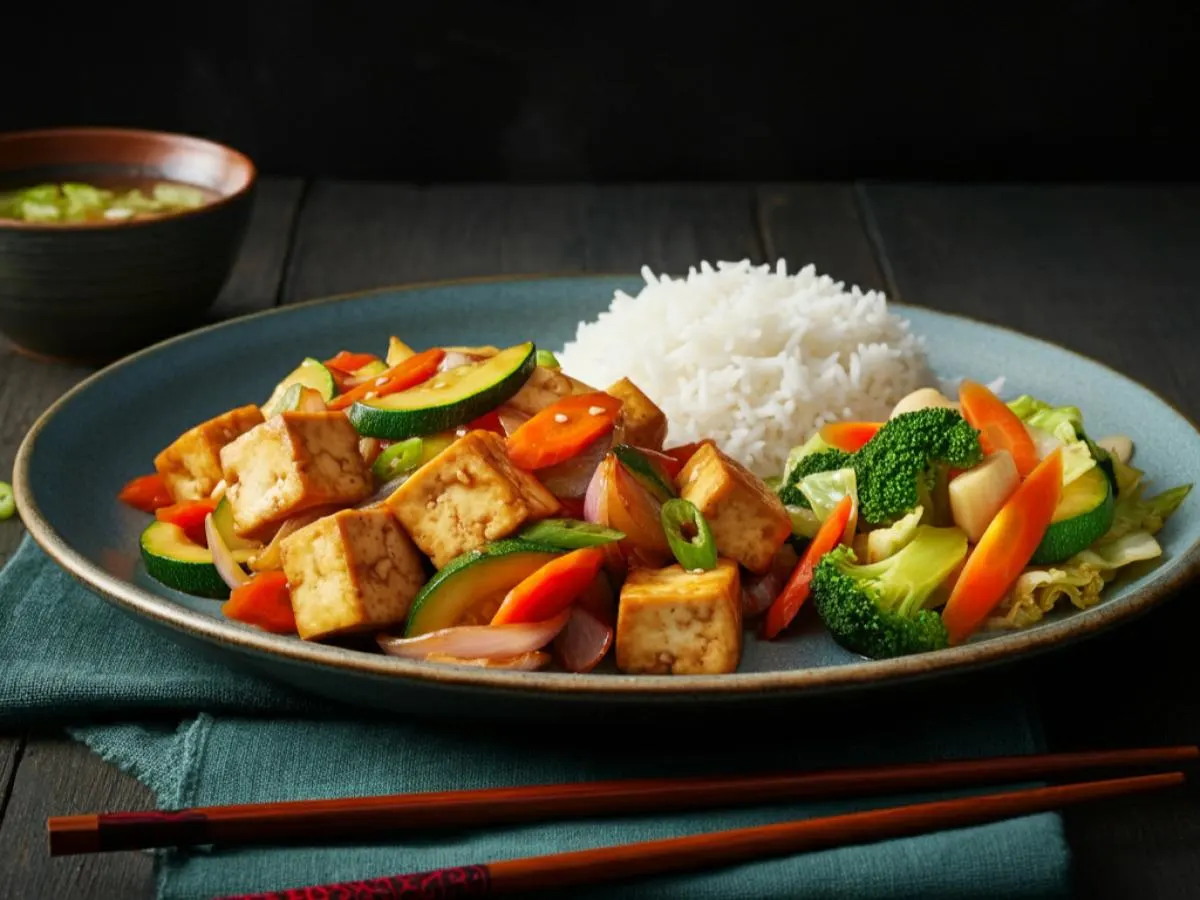 Szechuan Tofu, Steamed Rice and Mixed Veggies [Large]