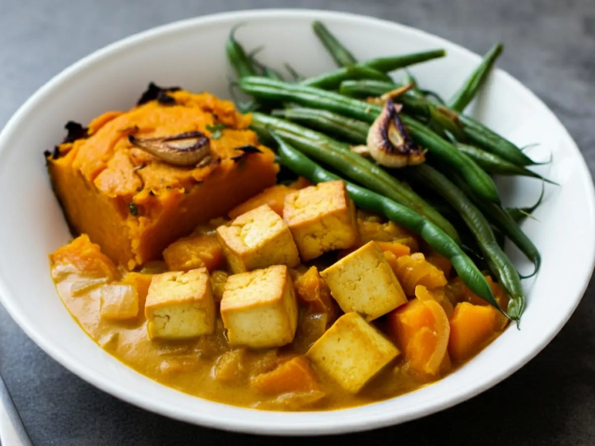 Vegan Tofu Pumpkin Curry with Sweet Potato Casserole and Green Beans Vegan Tofu Pumpkin Curry with Sweet Potato Casserole and Green Beans