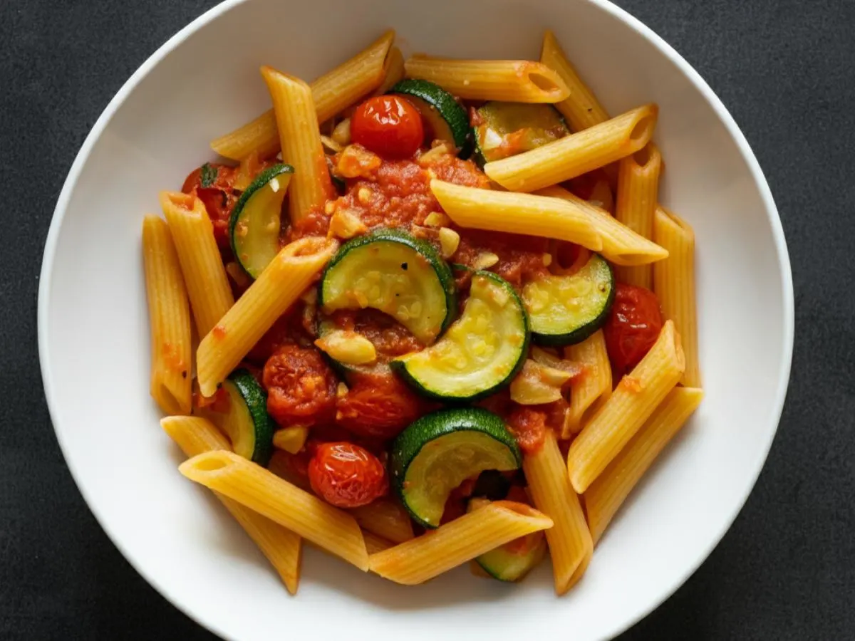 Vegan and Gluten Free Tomato Pasta with Lemon Garlic Zucchini