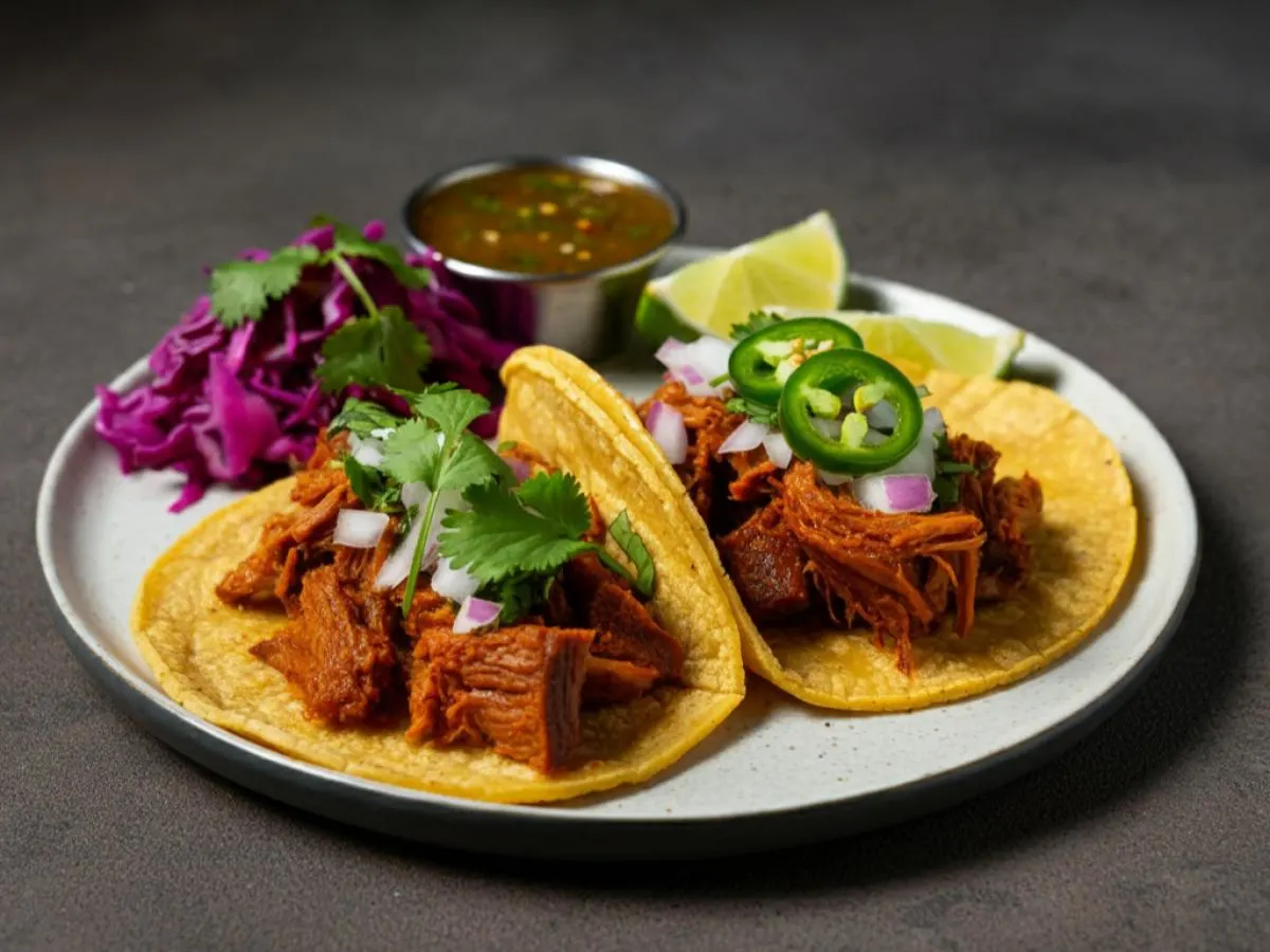 Chicharones Tacos on Corn Tortillas with Red Cabbage Salad