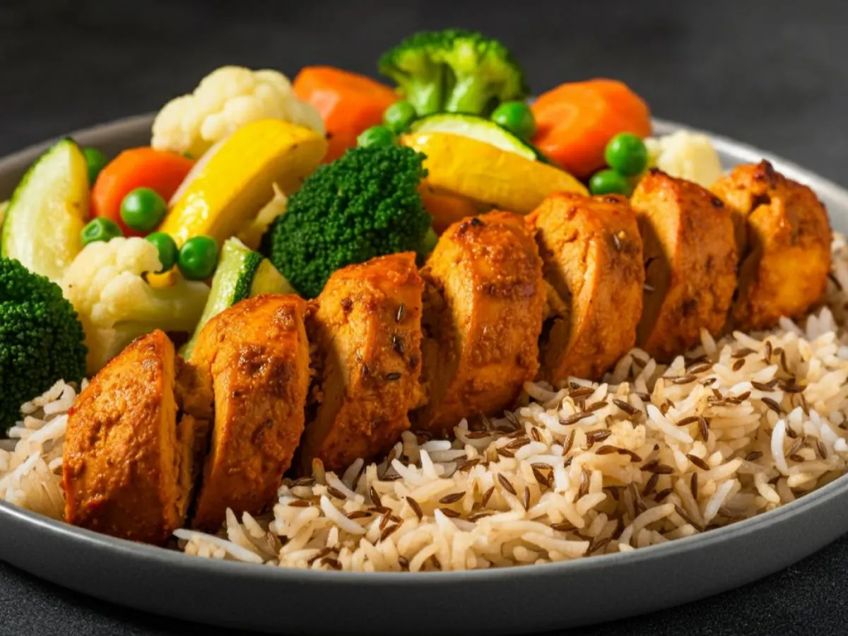 Halal Chicken Bihari Kabab | Rice | Veggies Halal Chicken Bihari Kabab | Rice | Veggies