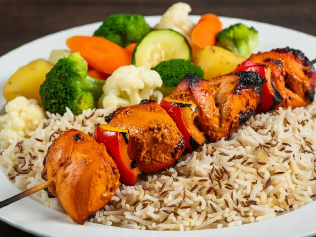 Halal Tandoori Chicken Skewer | Rice | Veggies Halal Tandoori Chicken Skewer | Rice | Veggies