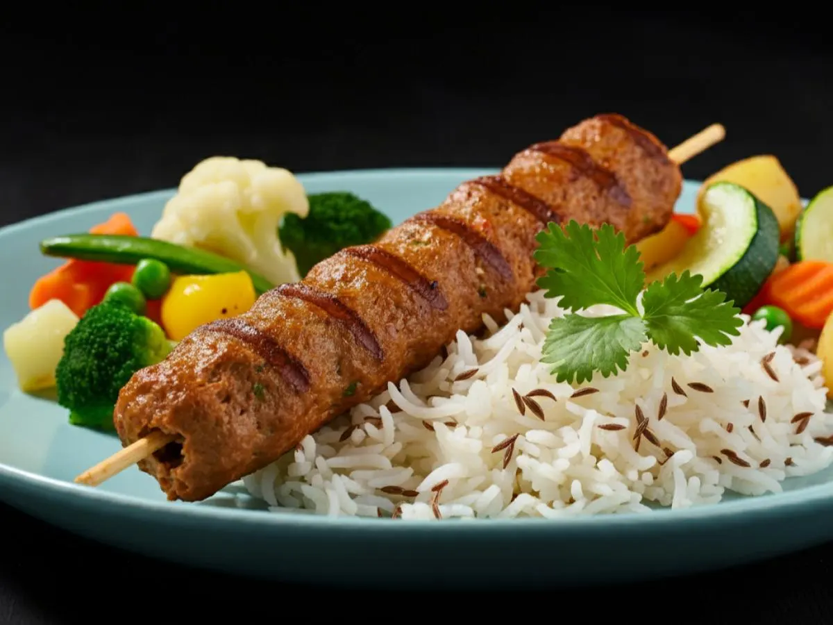 Halal Chicken Reshmi Kabab | Rice | Veggies Halal Chicken Reshmi Kabab | Rice | Veggies