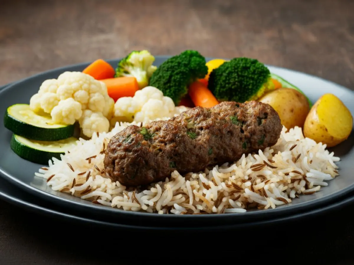 Halal Beef Seekh Kabab | Rice | Veggies Halal Beef Seekh Kabab | Rice | Veggies
