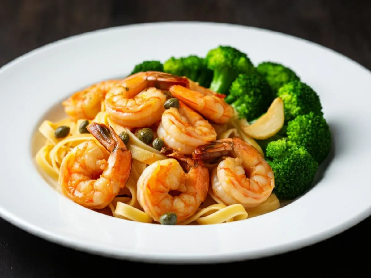 Fettuccini Shrimp Alfredo Pasta with Sautéed Garlic Broccoli Fettuccini Shrimp Alfredo Pasta with Sautéed Garlic Broccoli