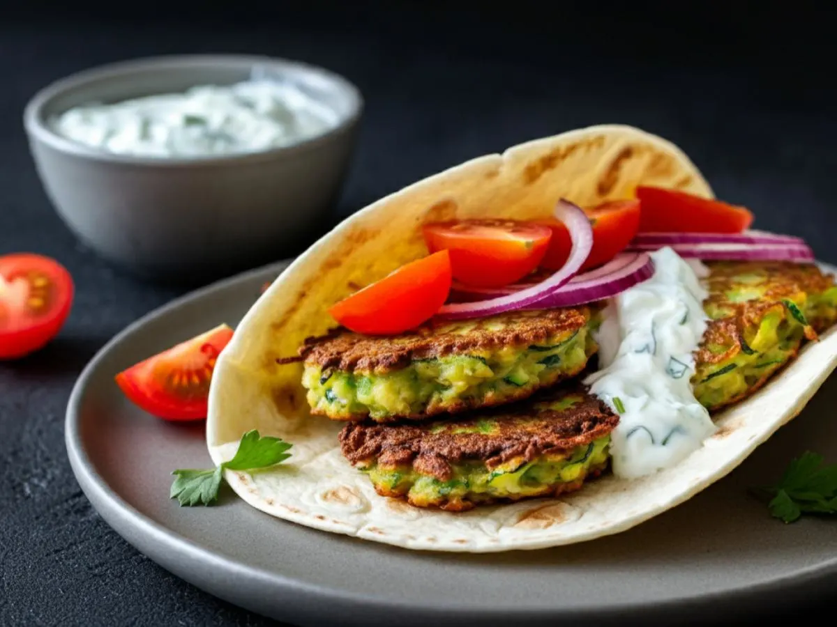 Gluten Free - Zucchini Fritters Wraps with Tzatziki Sauce Gluten Free - Zucchini Fritters Wraps with Tzatziki Sauce