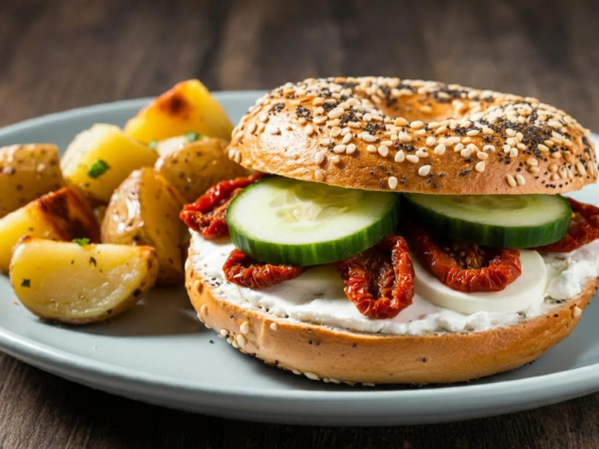 Bagel With Cream Cheese, Sun Dried Tomatoes and Cucumbers and House Potatoes Bagel With Cream Cheese, Sun Dried Tomatoes and Cucumbers and House Potatoes