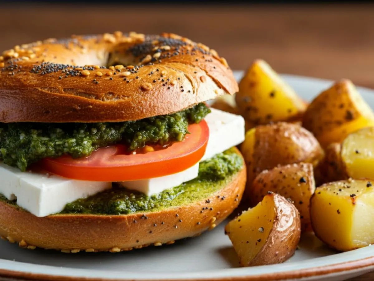Bagel With Pesto, Feta and Fresh Tomatoes and House Potatoes Bagel With Pesto, Feta and Fresh Tomatoes and House Potatoes
