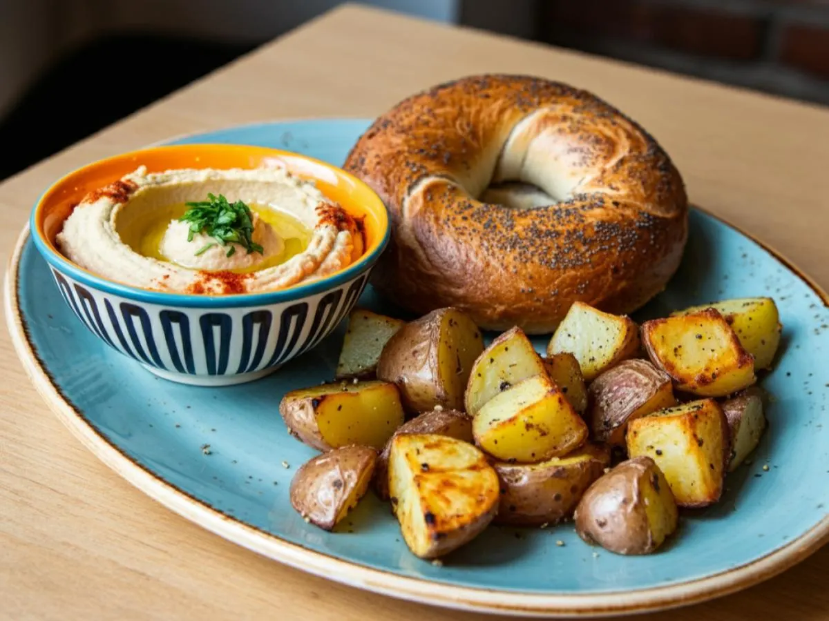 Bagel With Hummus and House Potatoes Bagel With Hummus and House Potatoes