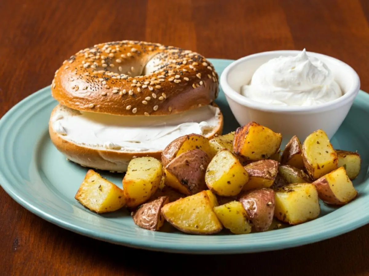 Bagel With Cream Cheese and House Potatoes Bagel With Cream Cheese and House Potatoes