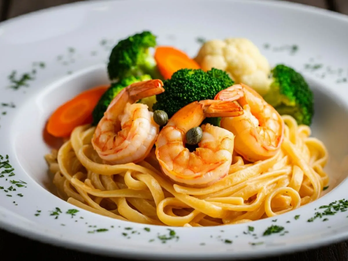 Fettuccini Shrimp Alfredo Pasta with Roasted Vegetables Fettuccini Shrimp Alfredo Pasta with Roasted Vegetables