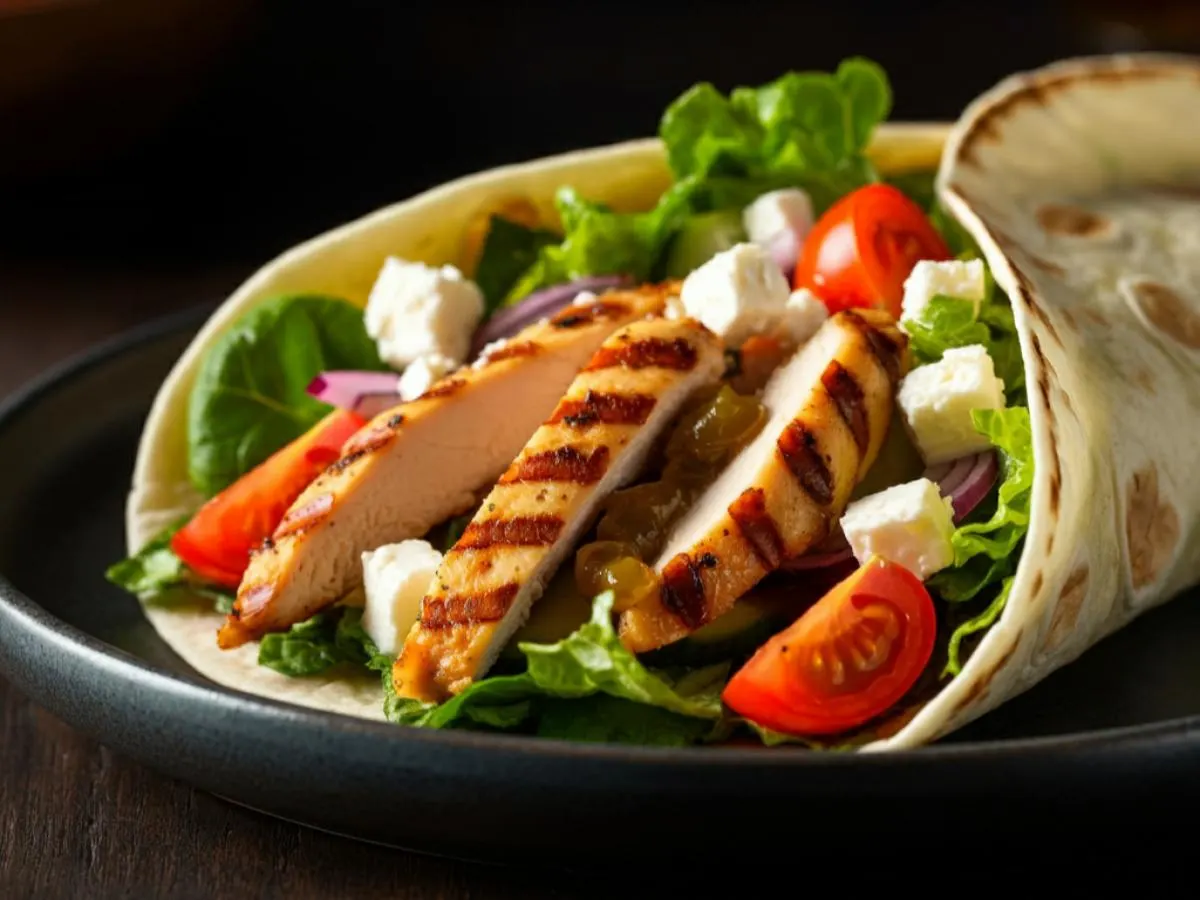Gluten Free - Grilled Chicken Greek Salad Wraps with Vinaigrette Gluten Free - Grilled Chicken Greek Salad Wraps with Vinaigrette