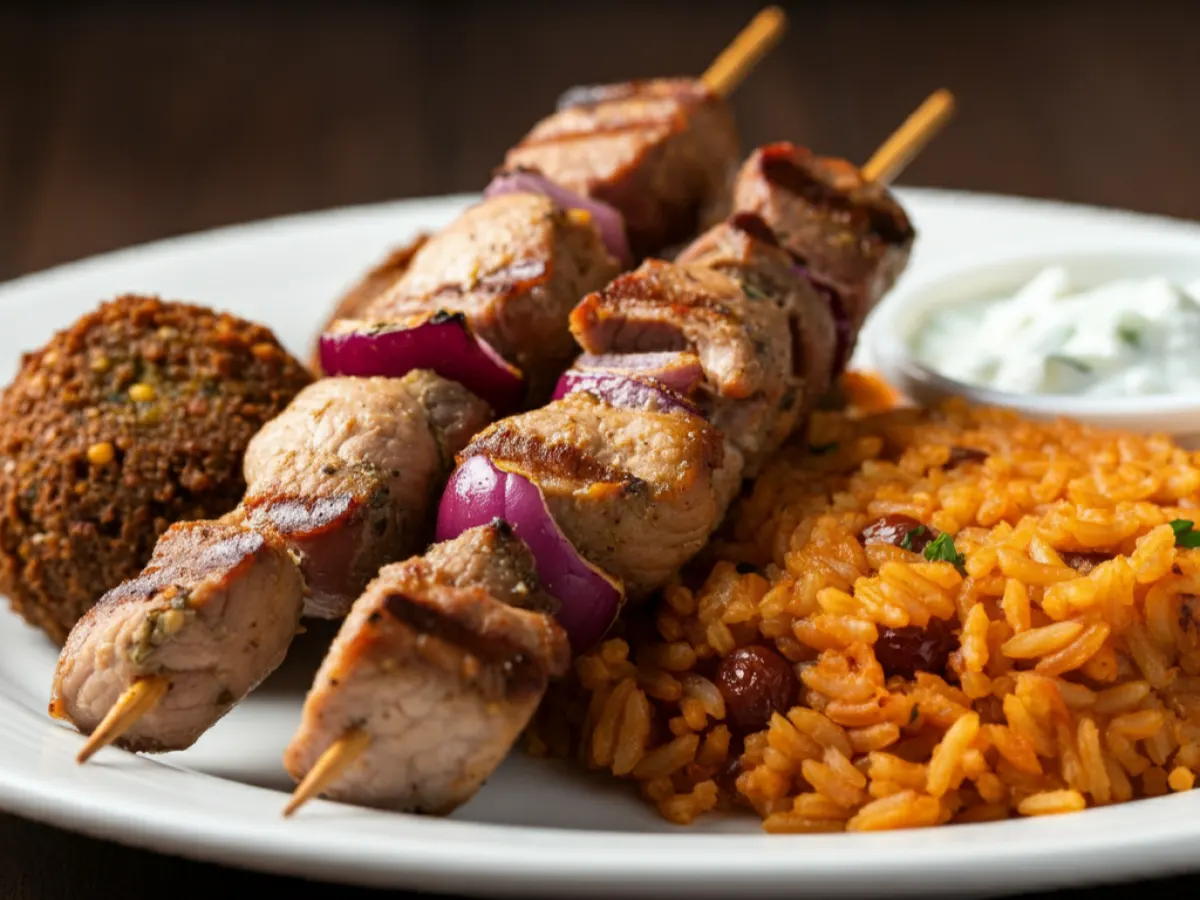 Individual Pork Souvlaki Sticks & Falafel Platter Box Individual Pork Souvlaki Sticks & Falafel Platter Box