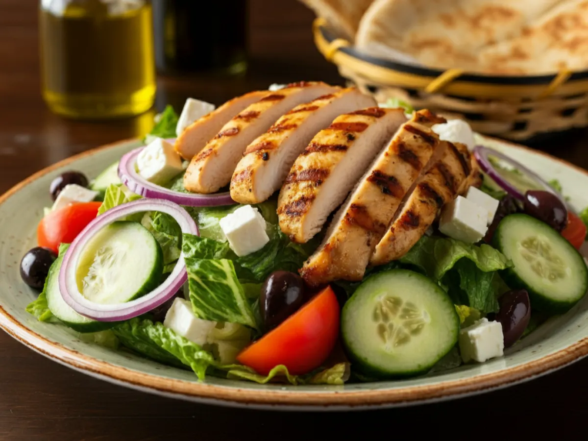Greek Salad with Grilled Chicken and Oil Balsamic & Pita Greek Salad with Grilled Chicken and Oil Balsamic & Pita