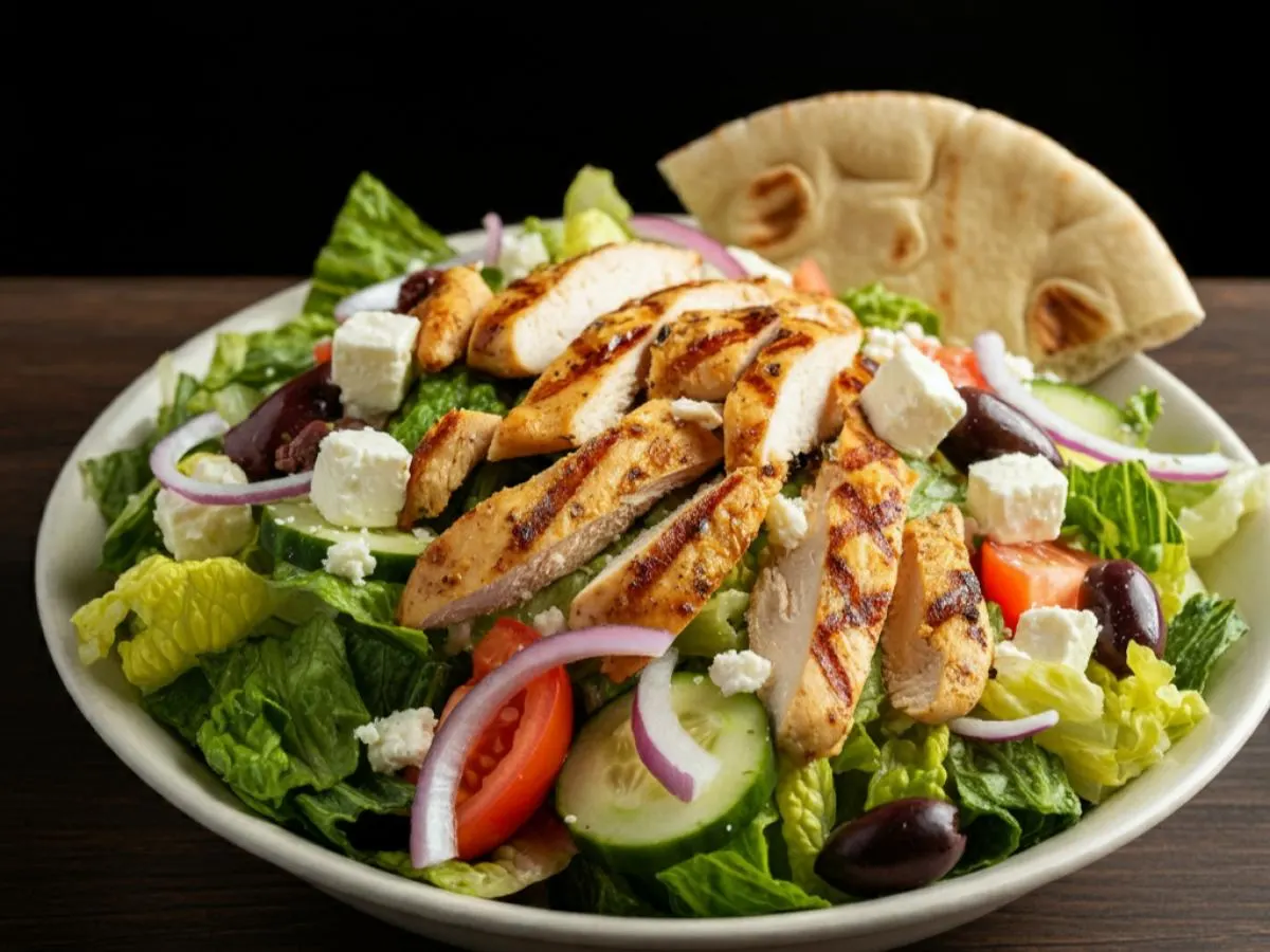 Greek Salad with Grilled Chicken and Caesar Dressing & Pita Greek Salad with Grilled Chicken and Caesar Dressing & Pita