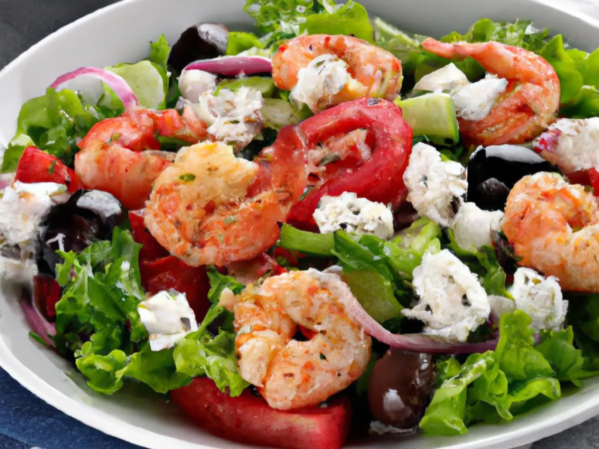 Greek Salad with Grilled Shrimp and Blue Cheese Dressing & Pita Greek Salad with Grilled Shrimp and Blue Cheese Dressing & Pita