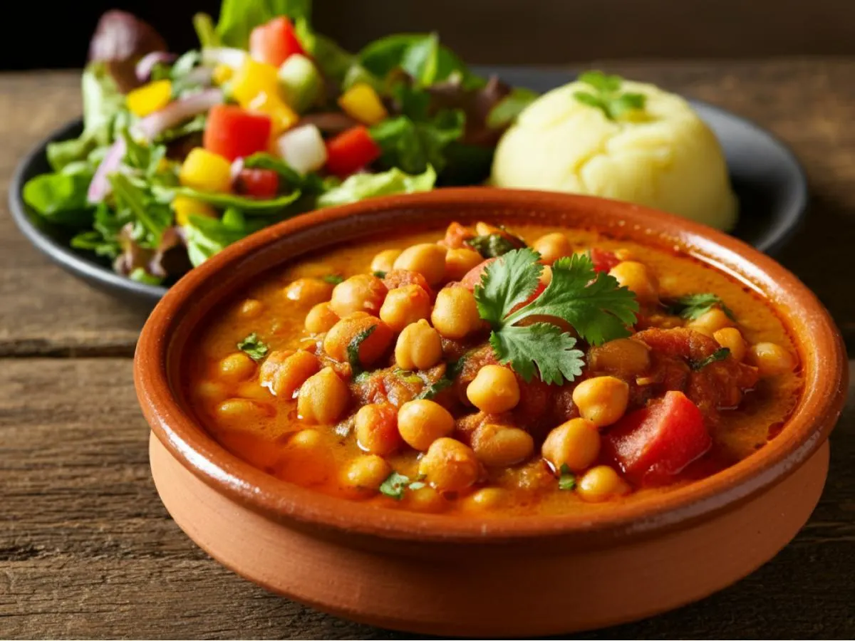 Garbanzo Bean Stew with Mashed Potatoes and Garden Salad Garbanzo Bean Stew with Mashed Potatoes and Garden Salad