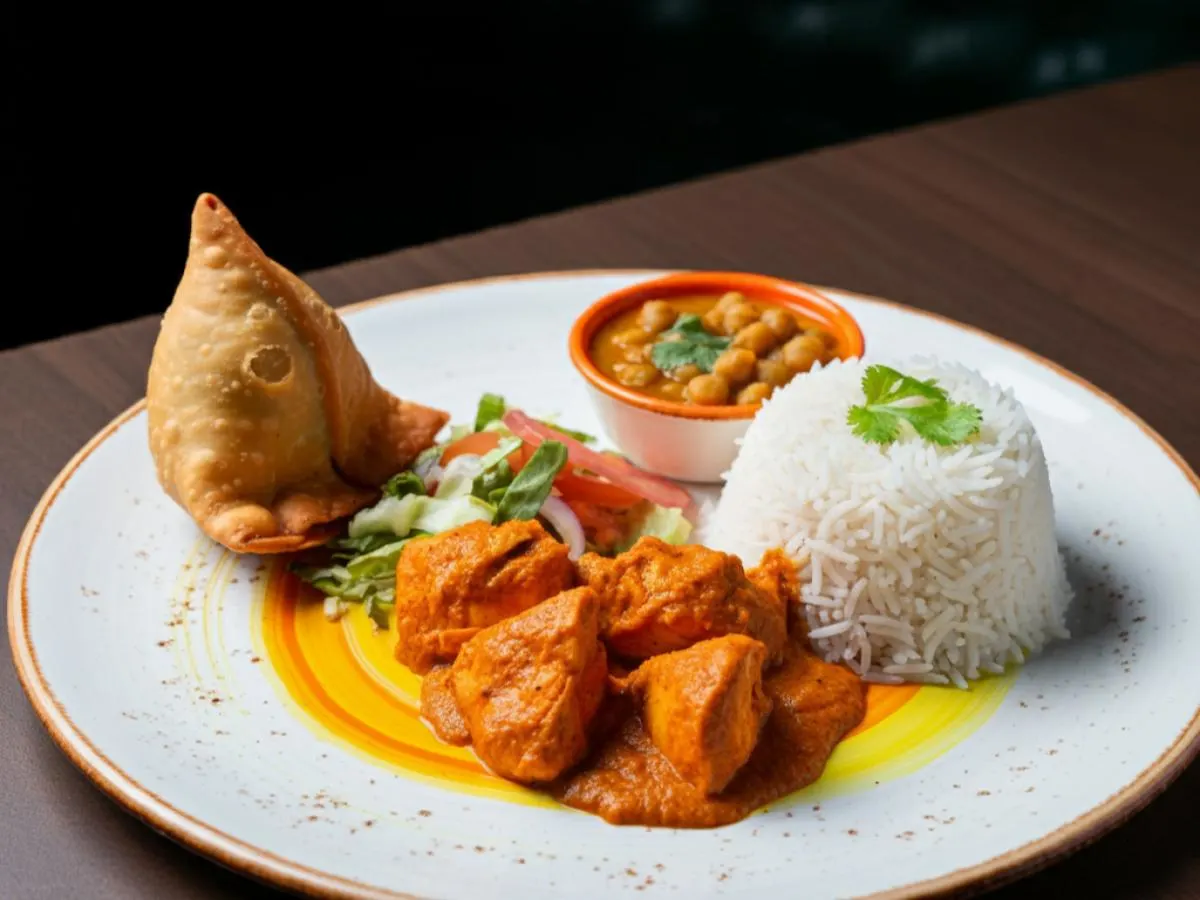 Chicken Tikka Masala, Steamed White Rice, Chana Masala & Cocktail Samosa [22oz]