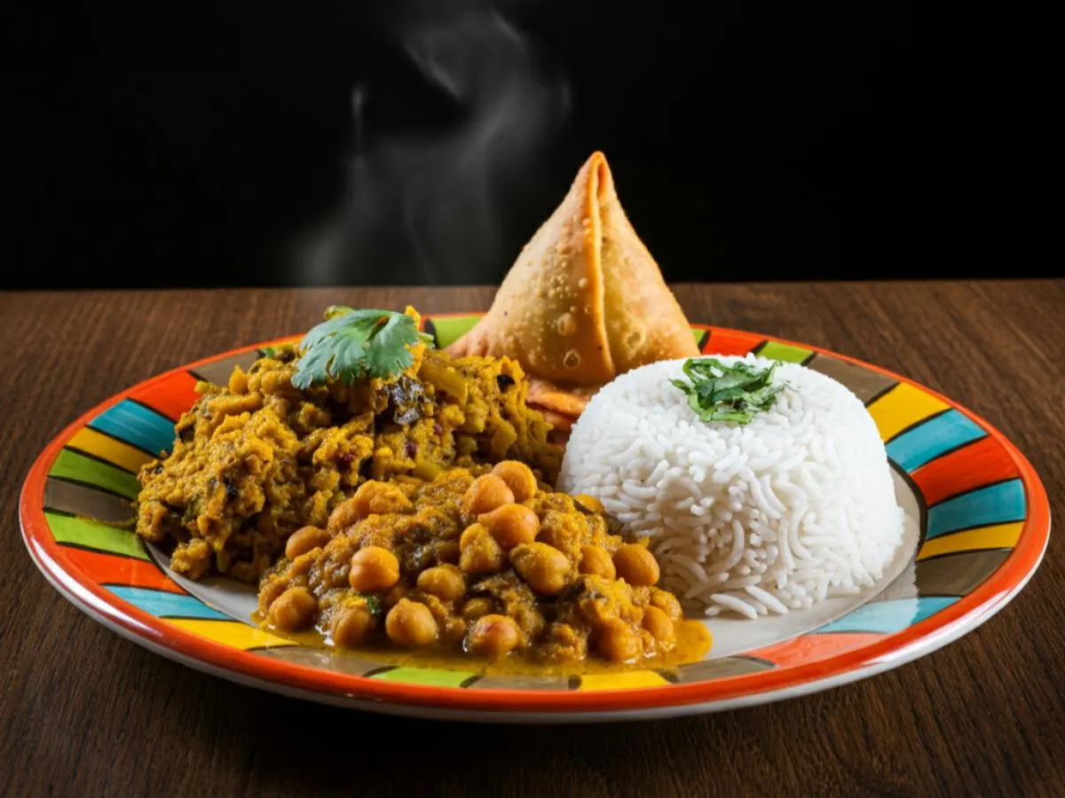 Bagara Beigan, Steamed White Rice, Chana Masala & Cocktail Samosa [22oz]