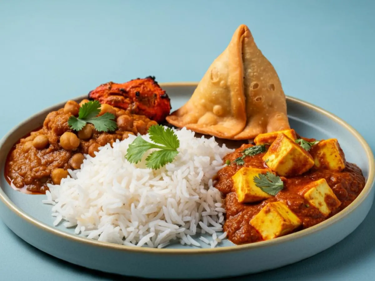 Paneer Tikka Masala, Steamed White Rice, Chana Masala & Cocktail Samosa [16oz]