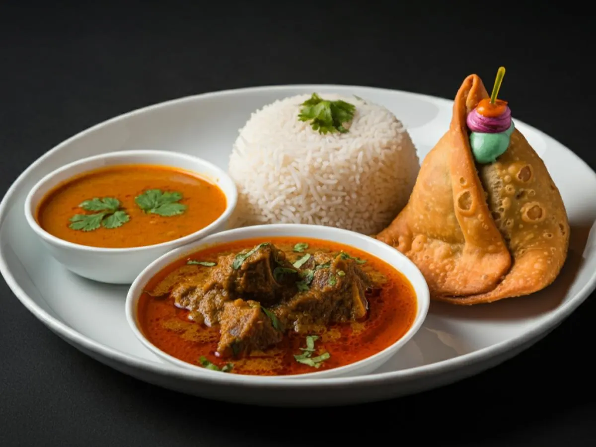 Goat Curry, Steamed White Rice, Chana Masala & Cocktail Samosa [16oz]