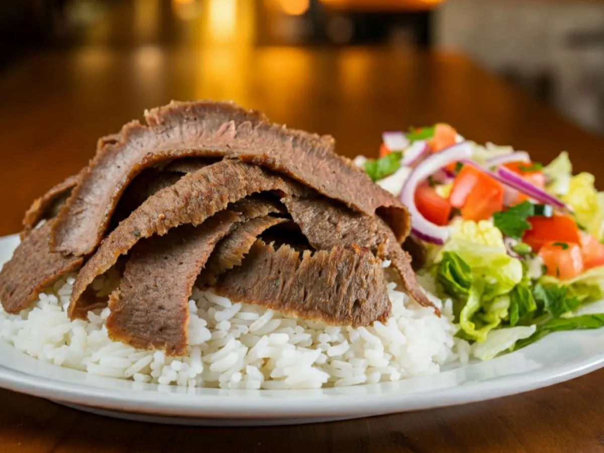 Lamb & Beef Gyro Meat Plate, Rice, Mediterranean Salad (Gluten-Free, Dairy-Free) Lamb & Beef Gyro Meat Plate, Rice, Mediterranean Salad (Gluten-Free, Dairy-Free)