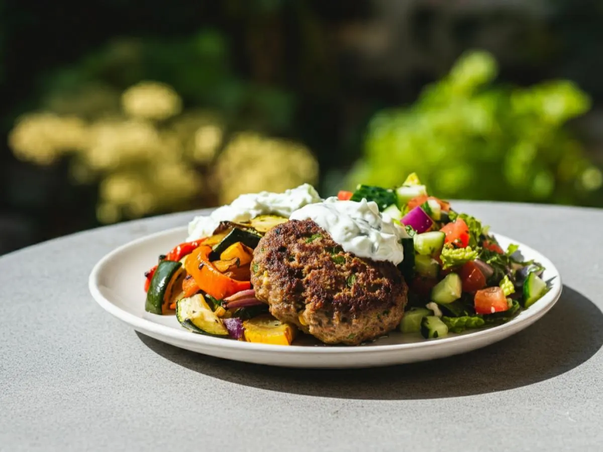Kofte Kebab Plate with Roasted Vegetables, Tzatziki and Mediterranean Salad Kofte Kebab Plate with Roasted Vegetables, Tzatziki and Mediterranean Salad