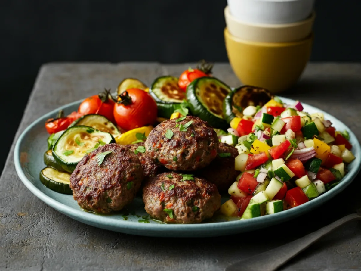 Kofte Kebab Plate with Roasted Vegetables & Mediterranean Salad (GF, DF) Kofte Kebab Plate with Roasted Vegetables & Mediterranean Salad (GF, DF)