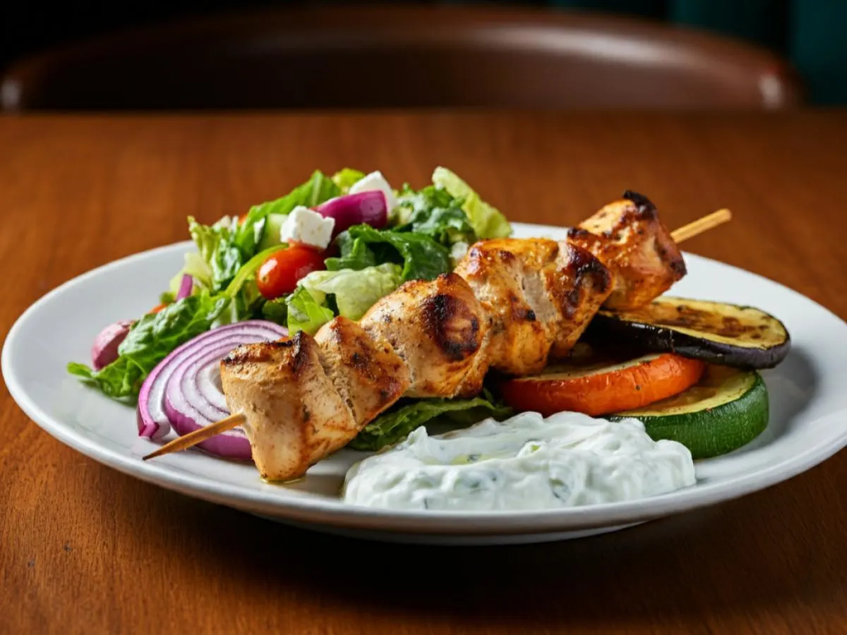 Chicken Kebab Plate with Roasted Vegetables, Tzatziki and Mediterranean Salad Chicken Kebab Plate with Roasted Vegetables, Tzatziki and Mediterranean Salad