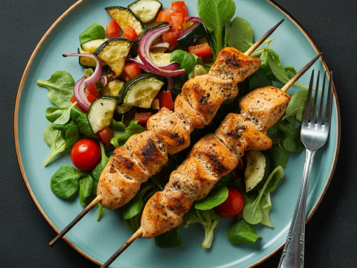 Chicken Kebab Plate with Roasted Vegetables & Mediterranean Salad (GF, DF) Chicken Kebab Plate with Roasted Vegetables & Mediterranean Salad (GF, DF)