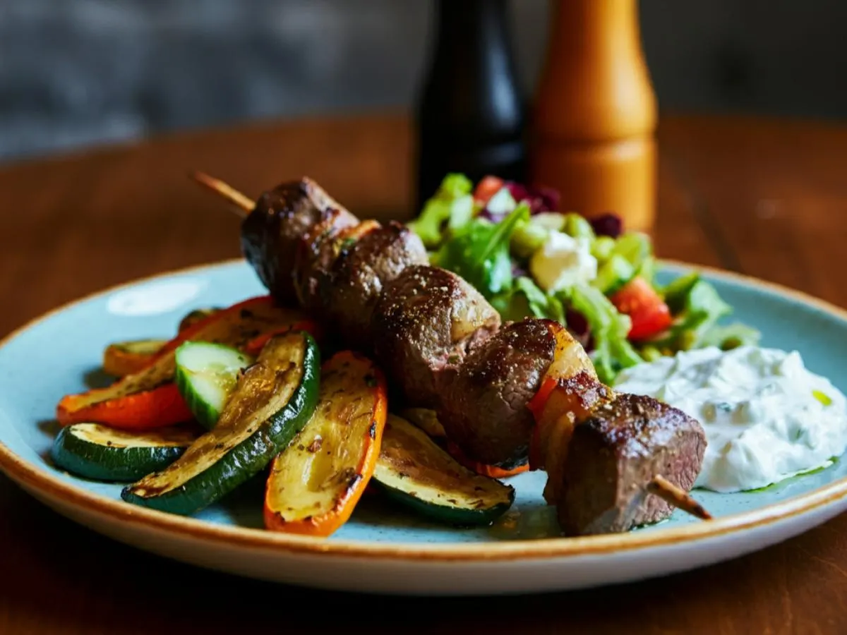 Lamb Kebab Plate with Roasted Vegetables, Tzatziki and Mediterranean Salad Lamb Kebab Plate with Roasted Vegetables, Tzatziki and Mediterranean Salad
