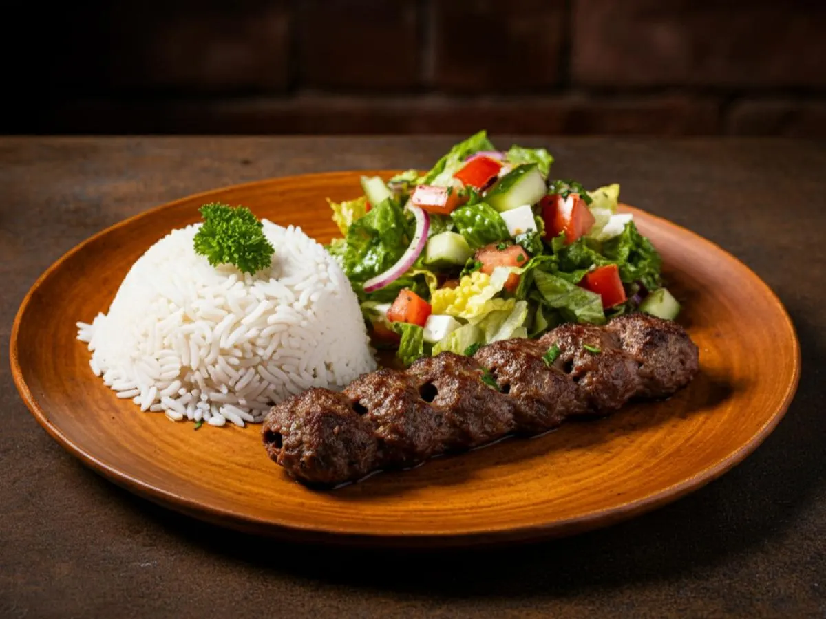 Lamb Kebab Plate with Rice and Mediterranean Salad Lamb Kebab Plate with Rice and Mediterranean Salad