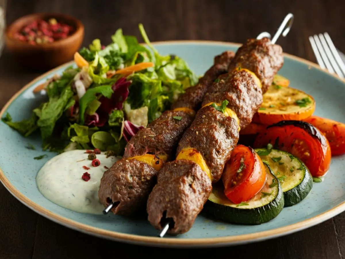 Lamb Kebab Plate w/ Roasted Veg & Mediterranean Salad (Gluten-Free, Dairy-Free) Lamb Kebab Plate w/ Roasted Veg & Mediterranean Salad (Gluten-Free, Dairy-Free)