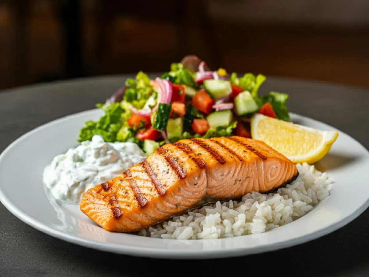 Grilled Salmon Plate with Rice, Tzatziki and Mediterranean Salad Grilled Salmon Plate with Rice, Tzatziki and Mediterranean Salad