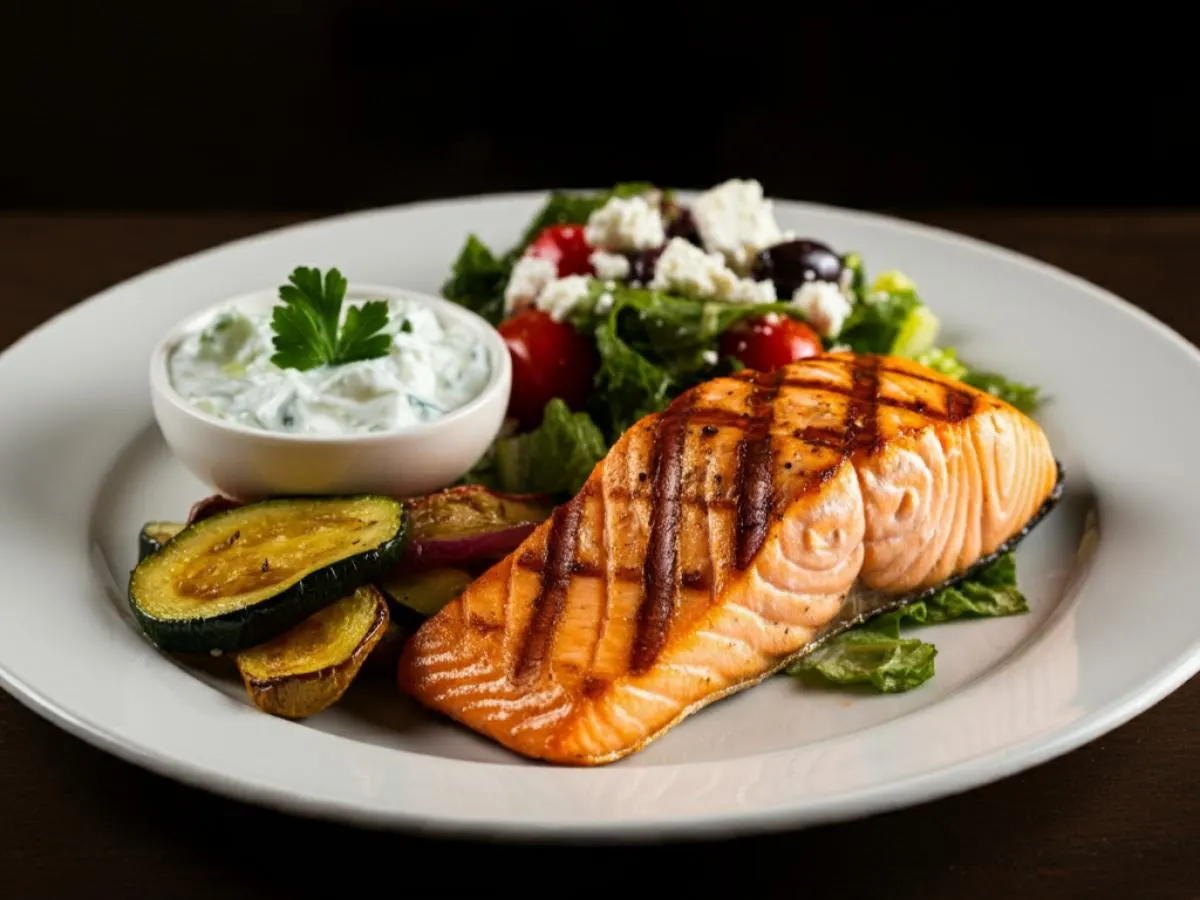 Grilled Salmon Plate with Roasted Vegetables, Tzatziki and Mediterranean Salad Grilled Salmon Plate with Roasted Vegetables, Tzatziki and Mediterranean Salad