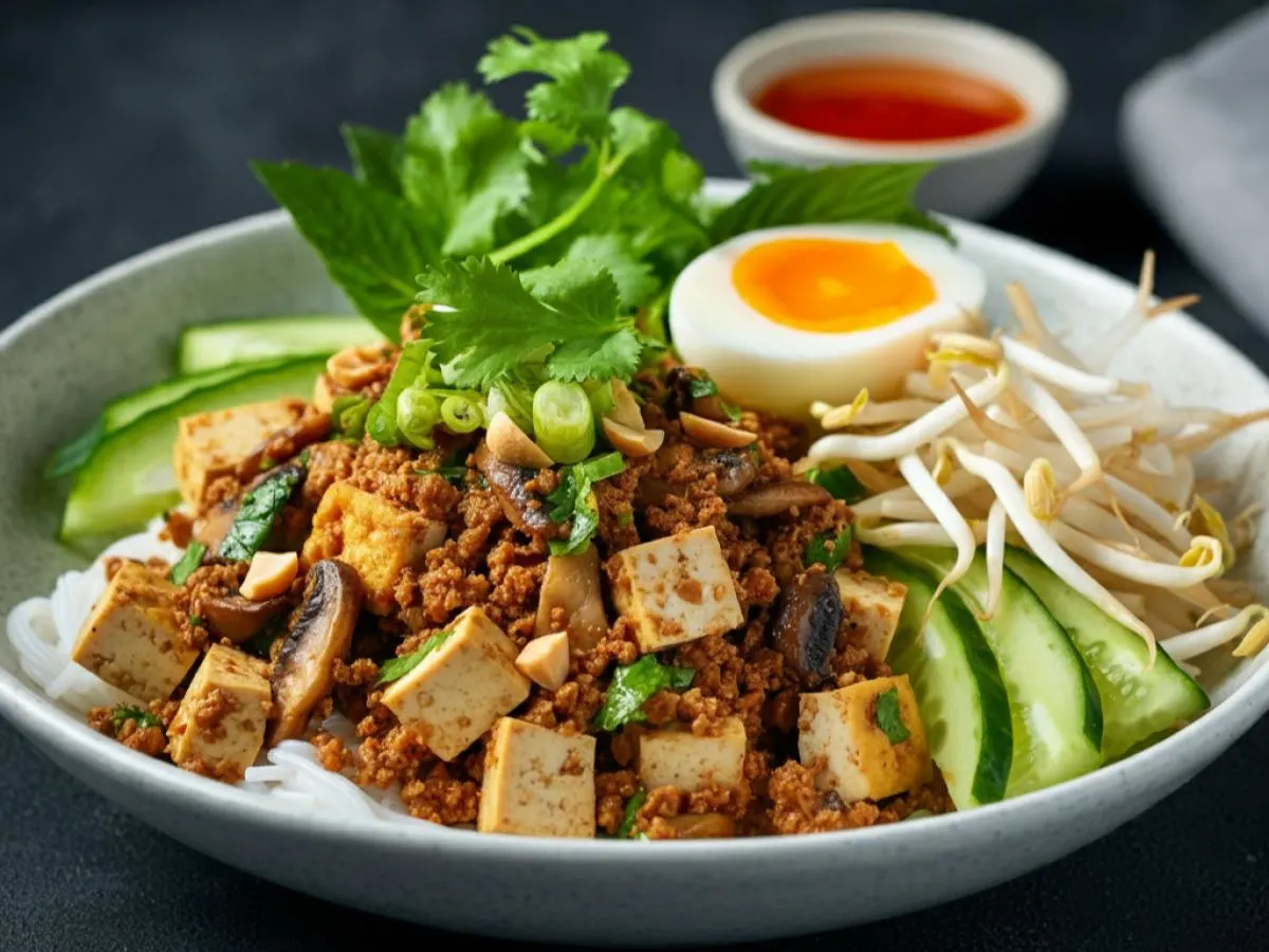 Tofu and Mushroom Larb served with Cold Vermicelli Noodles and Hard Boiled Egg