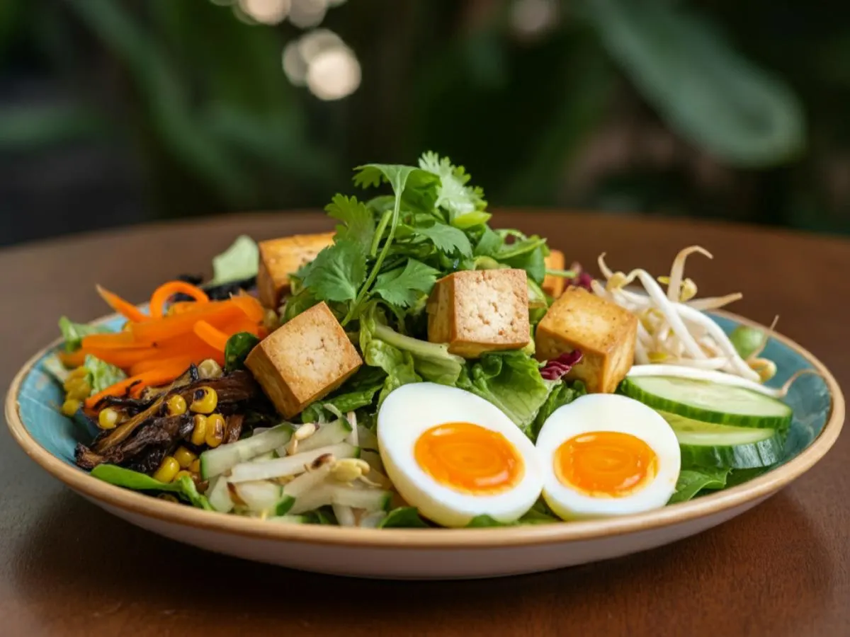 Tofu, Hard Boiled Egg and Soy Ginger over Spring Mix Box