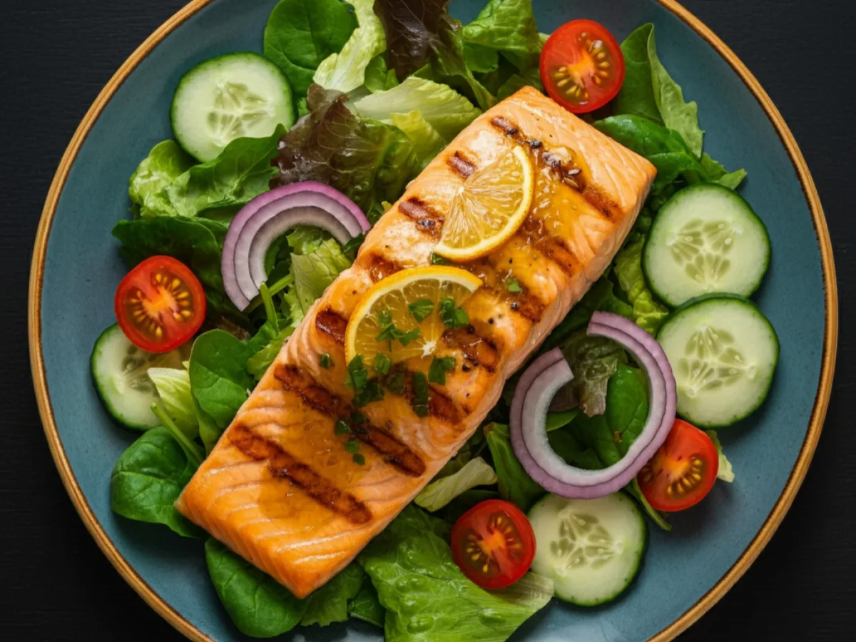 Grilled Salmon (Olive Oil Only) Salad w/Tomatoes, Cucumber, Onion (no dressing) Grilled Salmon (Olive Oil Only) Salad w/Tomatoes, Cucumber, Onion (no dressing)