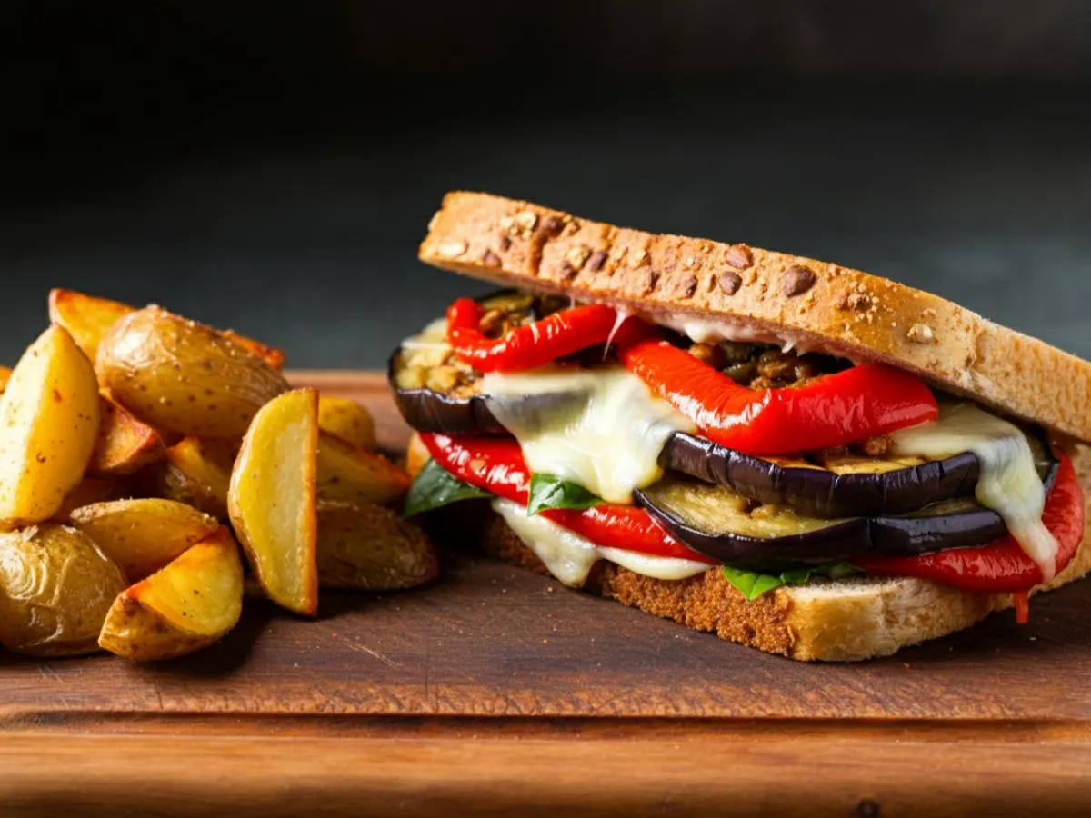 Roasted Eggplant Sandwich With House Potatoes Roasted Eggplant Sandwich With House Potatoes