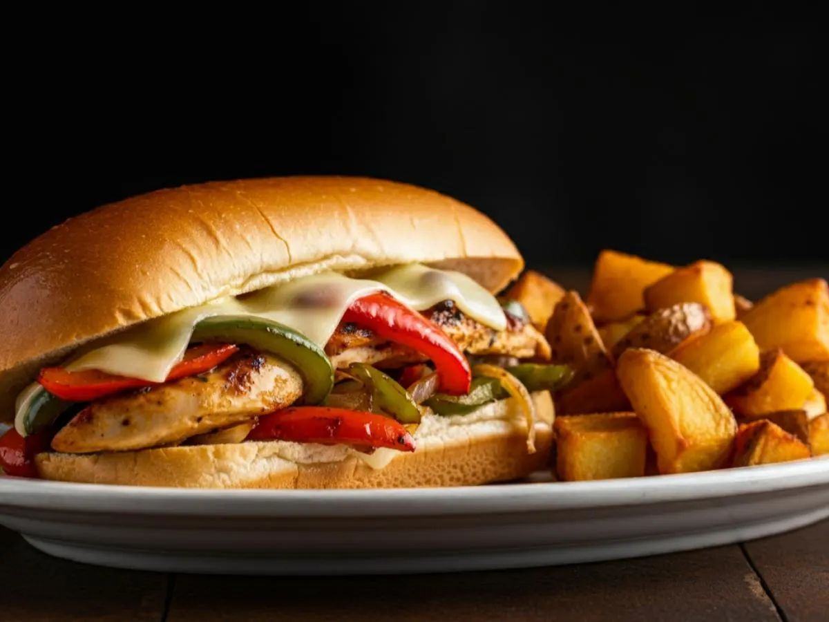 Chicken Philly Cheesesteak Sandwich with House Potatoes Chicken Philly Cheesesteak Sandwich with House Potatoes