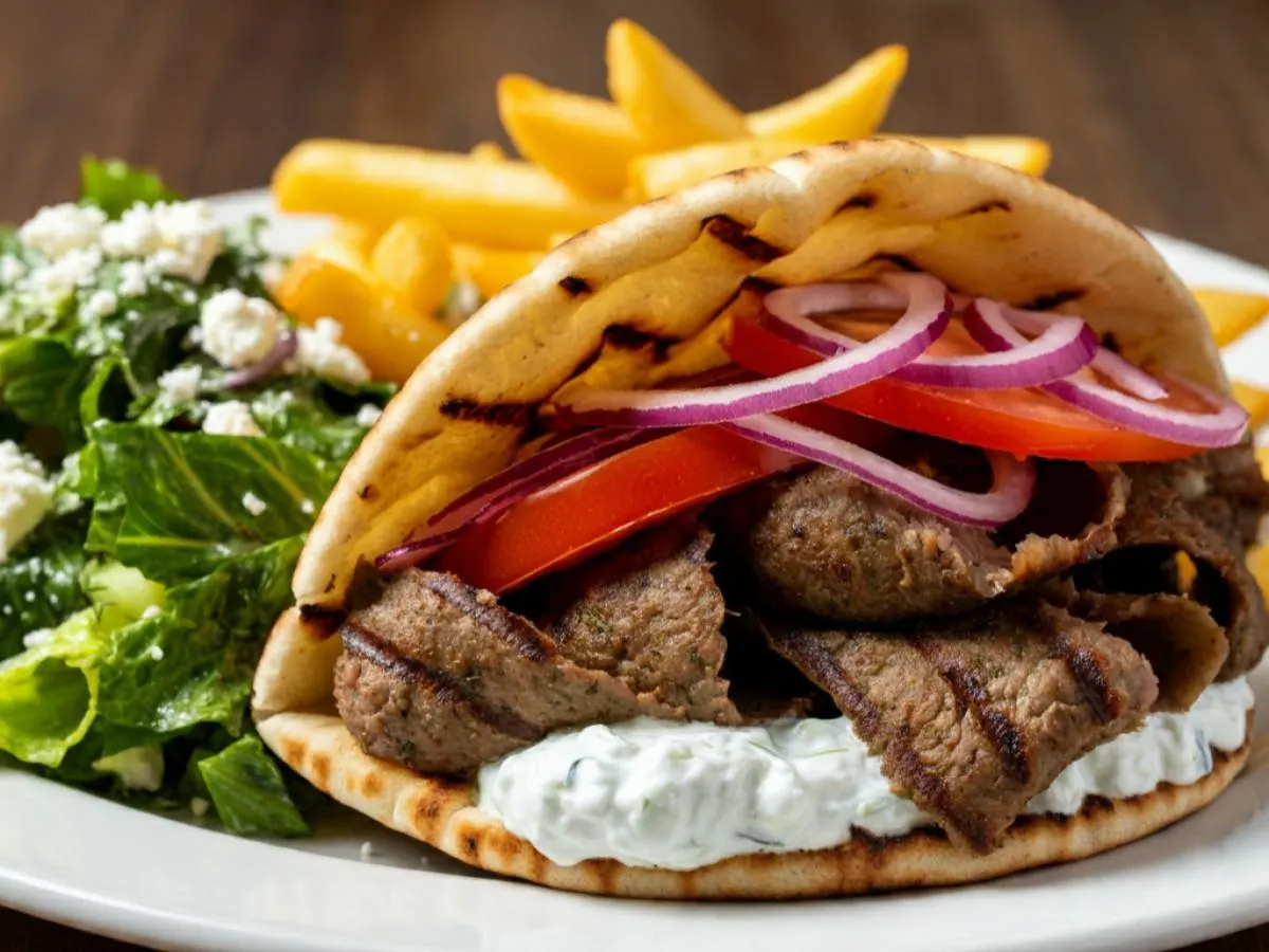 Grilled Lamb Gyro with Greek Fries and Salad Grilled Lamb Gyro with Greek Fries and Salad