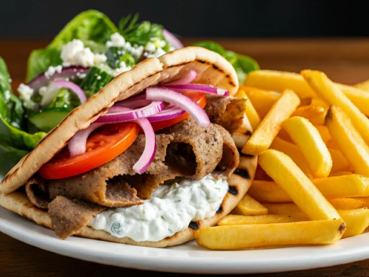 Grilled Pork Gyro with Greek Fries and Salad Grilled Pork Gyro with Greek Fries and Salad