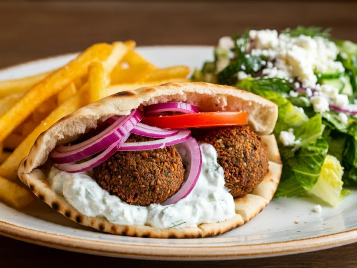 Falafel Gyro with Greek Fries and Salad Falafel Gyro with Greek Fries and Salad
