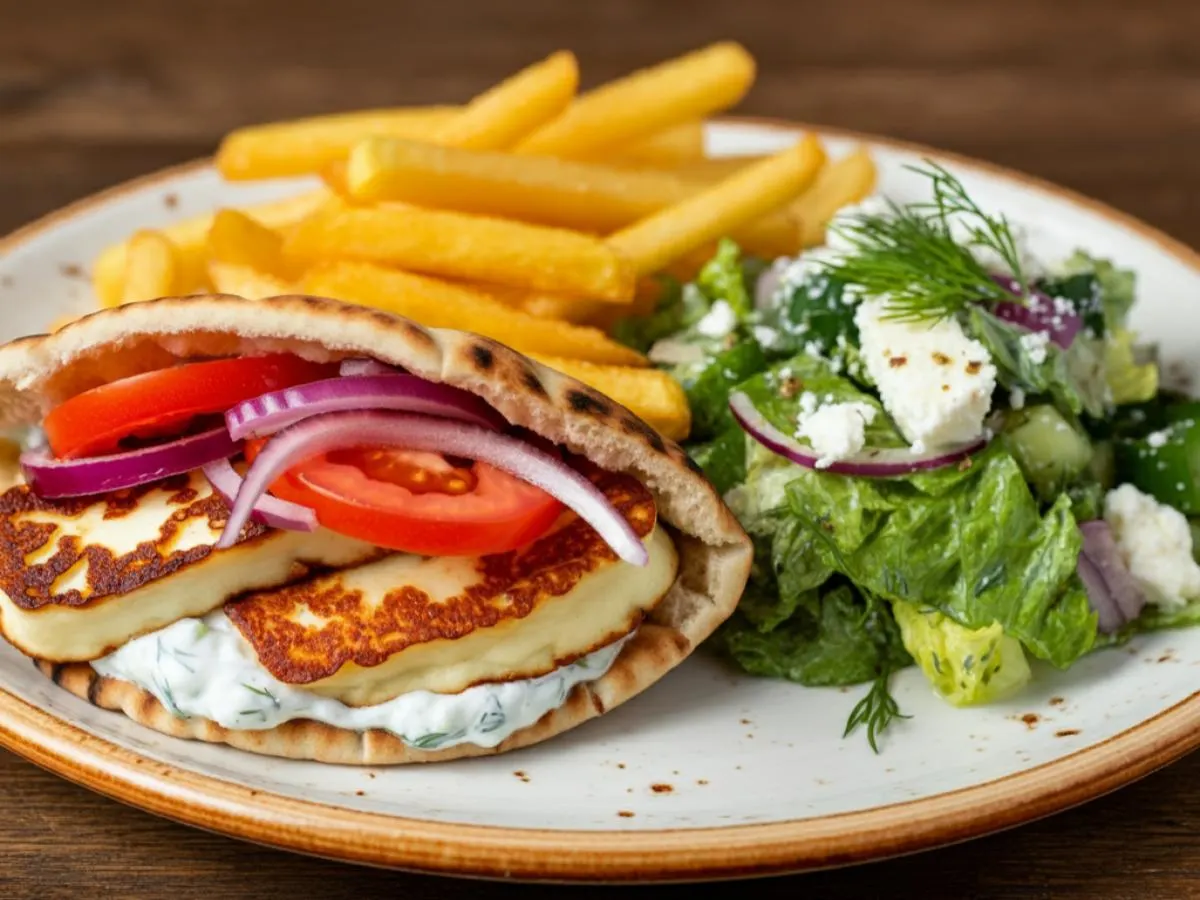 Grilled Halloumi Gyro with Greek Fries and Salad Grilled Halloumi Gyro with Greek Fries and Salad