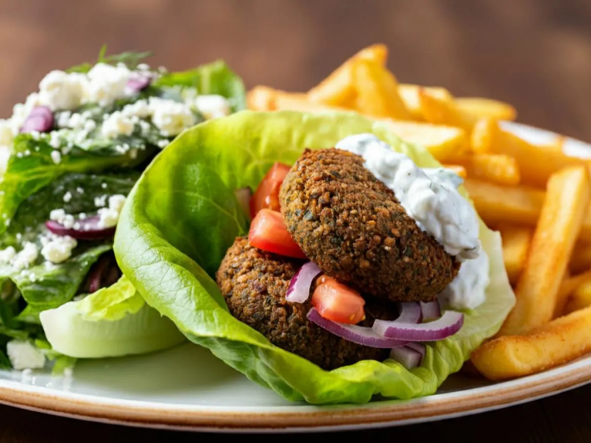 Falafel Gyro on Lettuce Wrap with Greek Fries and Salad Falafel Gyro on Lettuce Wrap with Greek Fries and Salad