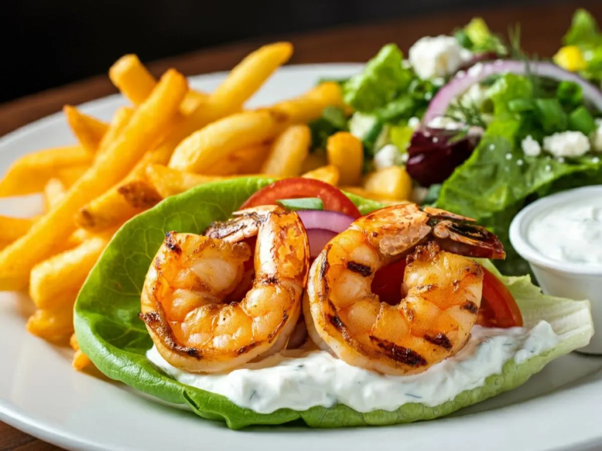 Grilled Shrimp Gyro on Lettuce Wrap with Greek Fries and Salad Grilled Shrimp Gyro on Lettuce Wrap with Greek Fries and Salad
